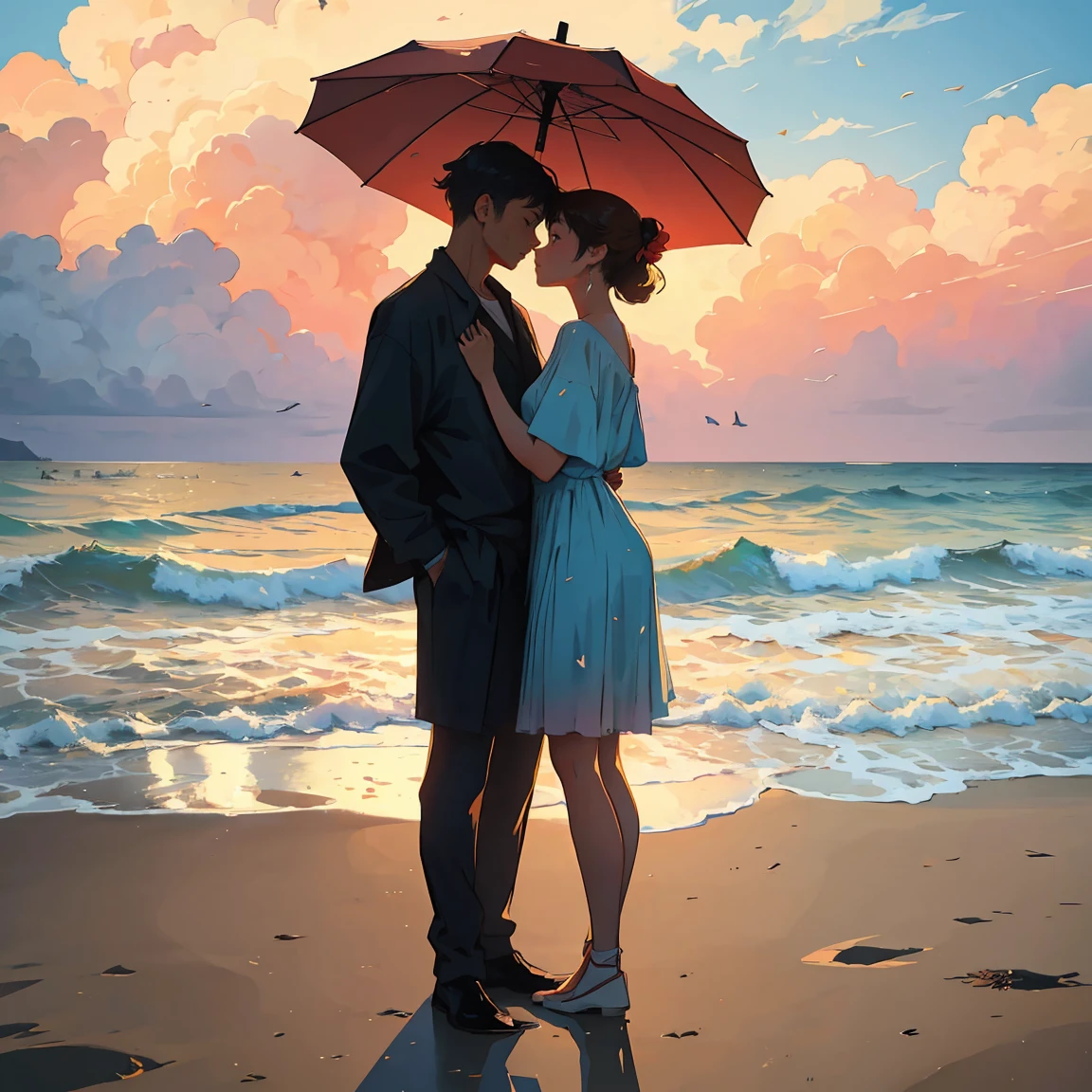 A romantic couple standing together on a beach, holding a red umbrella. The man and woman embrace each other tenderly, looking into each other's eyes with love and affection. The scene is set against a backdrop of a vast ocean, with gentle waves and a beautifully clouded sky. The grass in the foreground is lush and green, providing a soft base for the scene. The image has a slightly painterly effect, with the colors appearing vibrant and soft, reminiscent of an anime or watercolor painting. The overall atmosphere is serene and romantic, capturing a tender moment between the couple. The focus is on the couple, with the background slightly blurred, adding depth to the composition. The photograph is taken from a wide perspective, making the couple appear far away, and capturing a broad view of the sky and landscape. This wide-angle approach emphasizes the expansive beauty of the surroundings, highlighting the serene ocean and the vast, cloud-filled sky, enhancing the dreamy and romantic ambiance of the scene