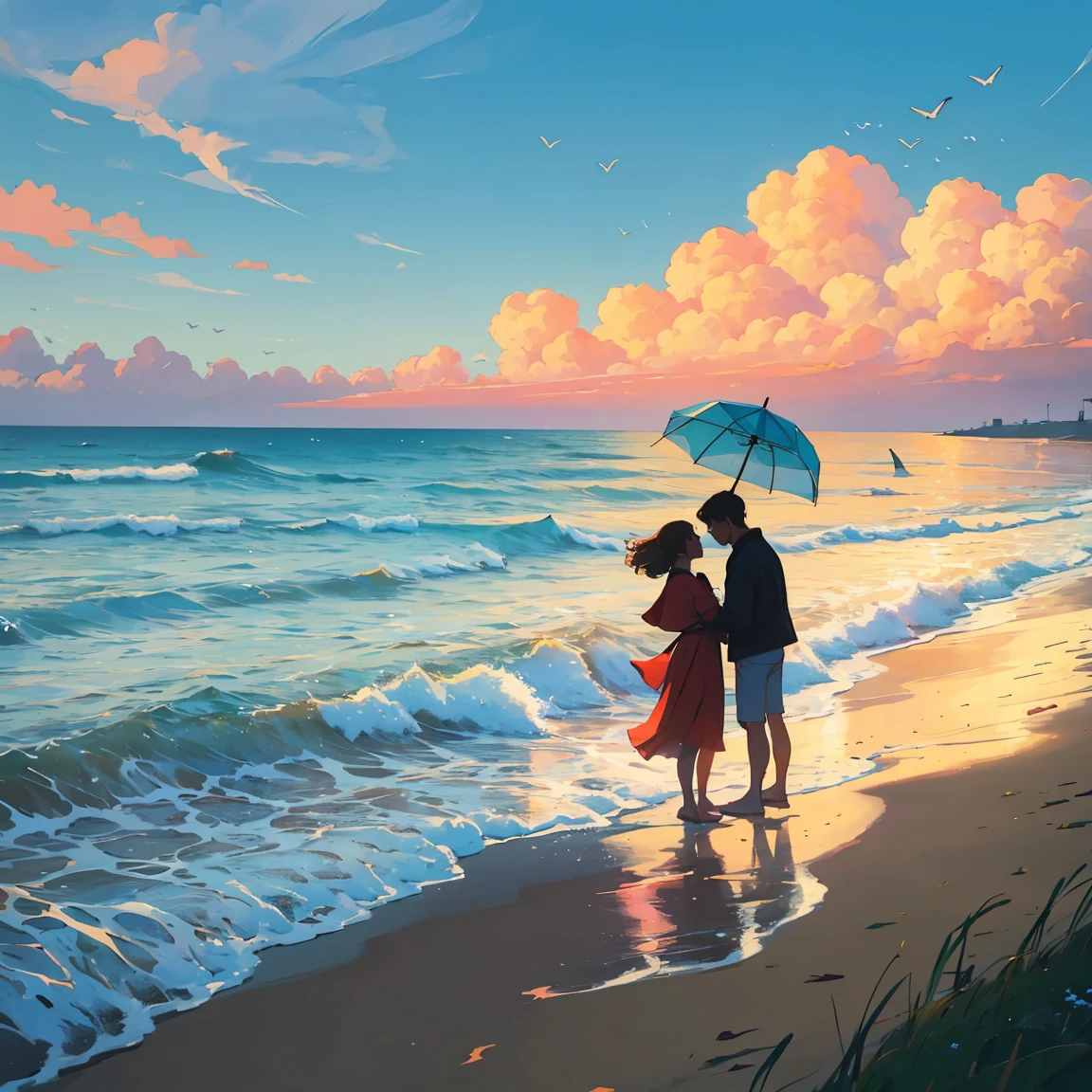 A romantic couple standing together on a beach, holding a red umbrella. The man and woman embrace each other tenderly, looking into each other's eyes with love and affection. The scene is set against a backdrop of a vast ocean, with gentle waves and a beautifully clouded sky. The grass in the foreground is lush and green, providing a soft base for the scene. The image has a slightly painterly effect, with the colors appearing vibrant and soft, reminiscent of an anime or watercolor painting. The overall atmosphere is serene and romantic, capturing a tender moment between the couple. The focus is on the couple, with the background slightly blurred, adding depth to the composition. The photograph is taken from a wide perspective, making the couple appear far away, and capturing a broad view of the sky and landscape. This wide-angle approach emphasizes the expansive beauty of the surroundings, highlighting the serene ocean and the vast, cloud-filled sky, enhancing the dreamy and romantic ambiance of the scene