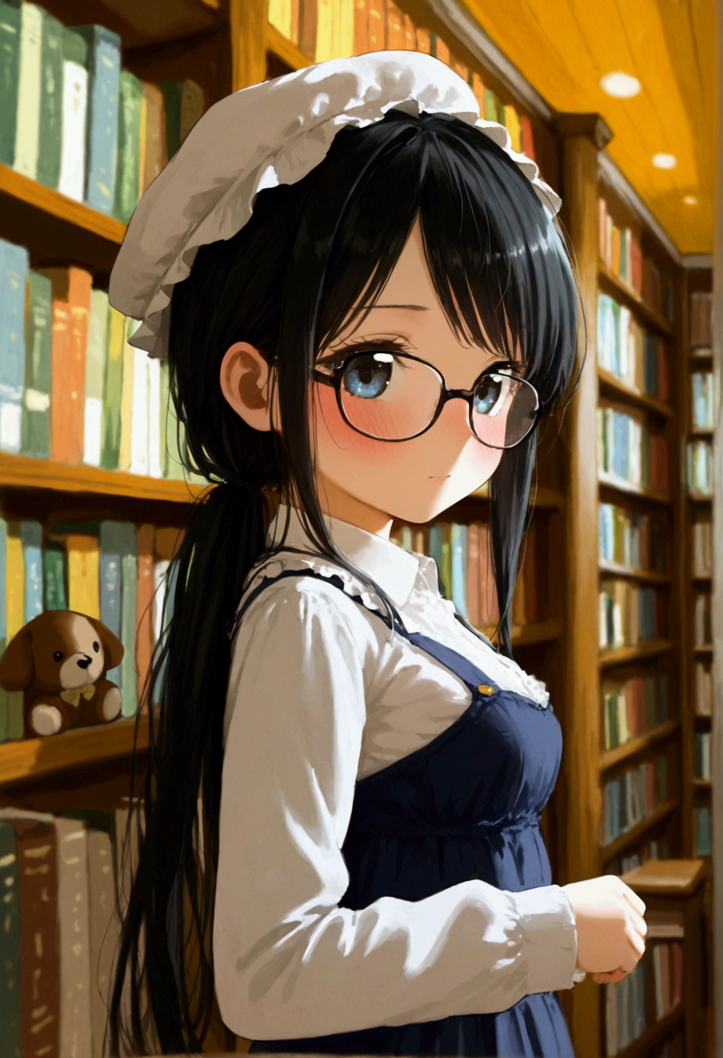 (masterpiece: 1.1, Highest quality: 1.1), Black Hair, Library, Glasses, girl, Blushing
