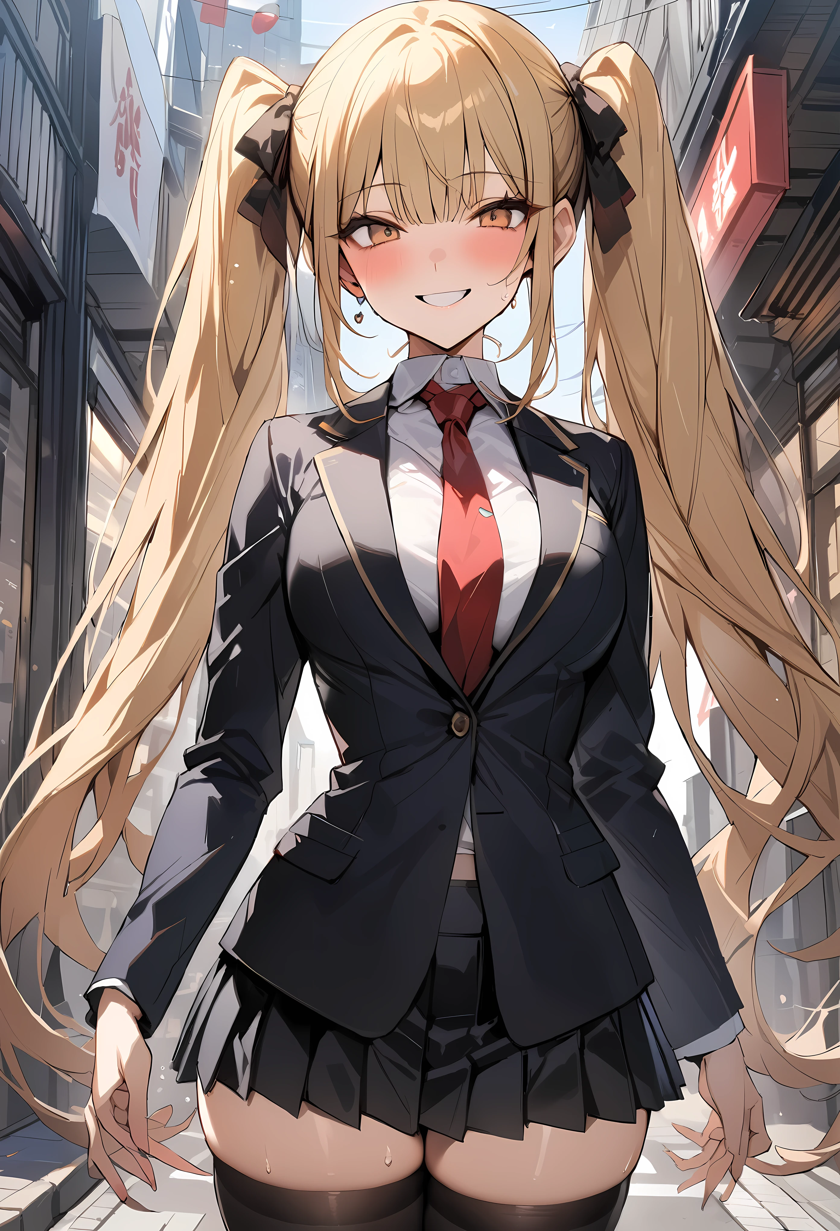 ((masterpiece,best quality anime,Highest quality:1.3)),cowboy shot,Mature Beauty,solo,1woman,((very small head:1.3)),((ideal ratio body proportions:1.2)),blonde hair,high twin tails,straight long hair,bangs,gorgeous eyes,brown eyes,smile,(School uniform、Black blazer jacket、Red tie、Black pleated mini skirt),black_thighhighs,black hair ties,((slender body,skinny)),medium breasts,sweat:1.3,gleaming skin,shiny skin,standing,on street,shibuya、Modern Tokyo、