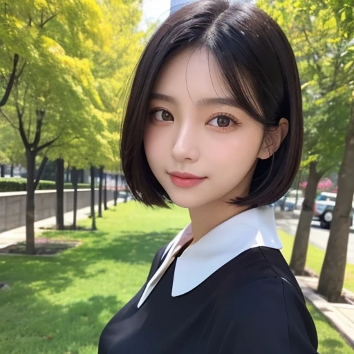 20-year-old women、Japanese、Beauty、The eyes are double、blouse、Park Background、Beautiful Skin、Glossy Lips、Black short hair、whole body、Selfie