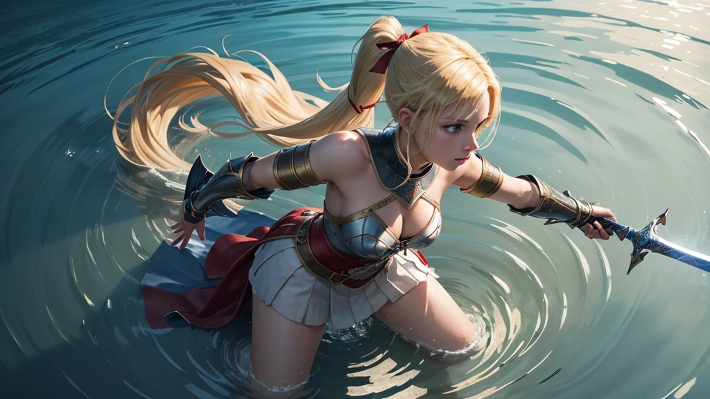 ultra high quality, a female knight is kneeling in shallow water, water ripples around her. She raises her arms and offers her sword in open hands, blonde hair tied to a ponytail wit a red ribbon, blue eyes