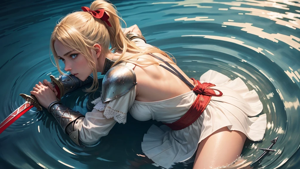 ultra high quality, a female knight is kneeling in shallow water, water ripples around her. She raises her arms and offers her sword in open hands, blonde hair tied to a ponytail wit a red ribbon, blue eyes