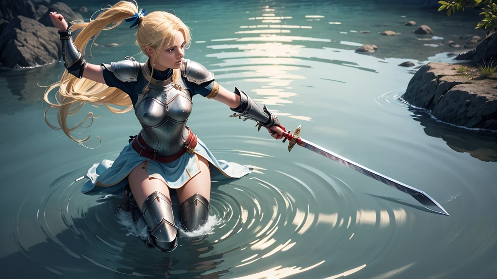 ultra high quality, a female knight is kneeling in shallow water, water ripples around her. She raises her arms and offers her sword in open hands, blonde hair tied to a ponytail wit a red ribbon, blue eyes
