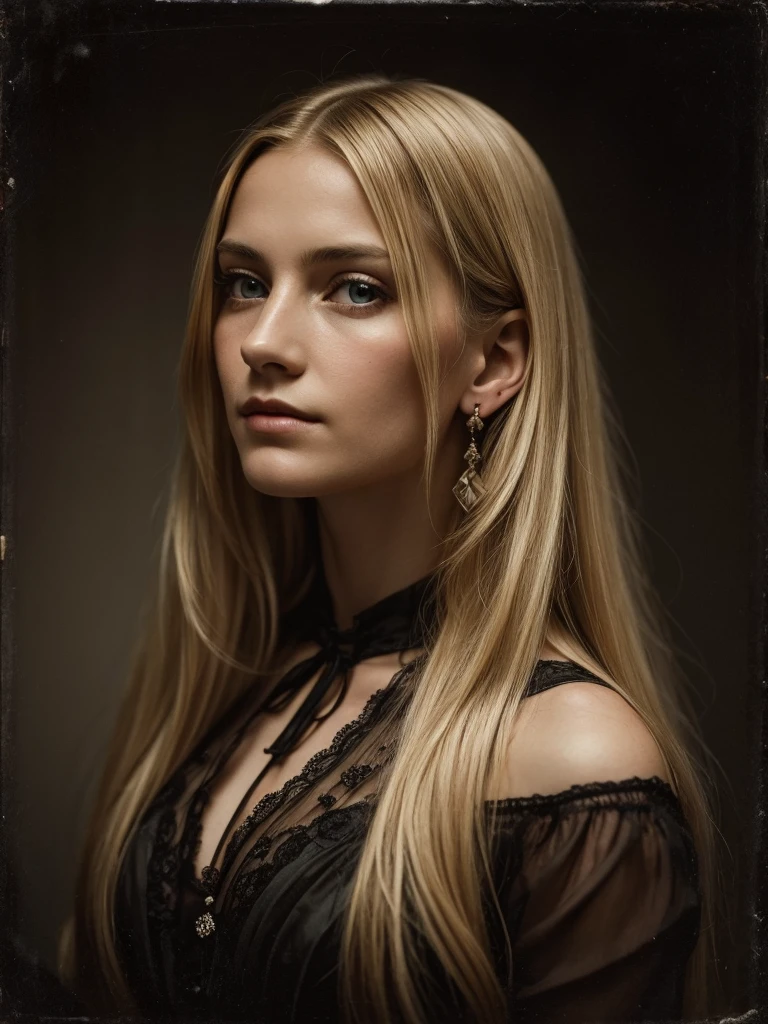 19th century portrait of a mysterious woman, around 32 years old, long blonde and straight hair. The image should be in a sepia tone with chiaroscuro lighting that highlights details without making the image too dark. The woman must have an enigmatic expression, with an intense look and young features. She is dressed in a dress and with earrings. The portrait should capture just the head and shoulders, daguerreotype style, with a shallow depth of field and a vintage photo border to mimic old photographs. The overall atmosphere should be dark but balanced to ensure the image remains sharp and suitable for printing, avoiding excessive darkness and maintaining visual quality.