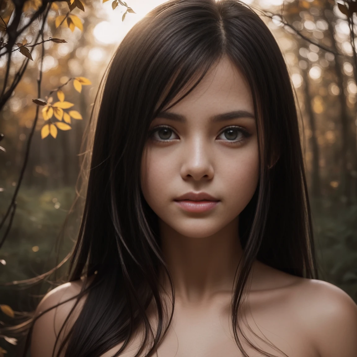 young girl, 32C , cinematic, The portrait showcases a young (topless:1.6) with a shy and innocent demeanor, hazel eyes, sensual slim face, big lips, topless, white pantieshair is styled sleek and straight, elegantly framing her face with adorable long straight hair .Her face is illuminated by gentle lighting, highlighting her delicate features. The girl's eyes sparkle with a hint of curiosity and her lips form a subtle, shy smile. The background consists of a ourtoor nature autum scenery muted and warm-toned setting, providing a calm and serene atmosphere. The composition focuses on the girl's face, capturing the intricate details of her flawless skin, The overall image exudes a sense of tranquility and captures the innocence and gentleness of youth