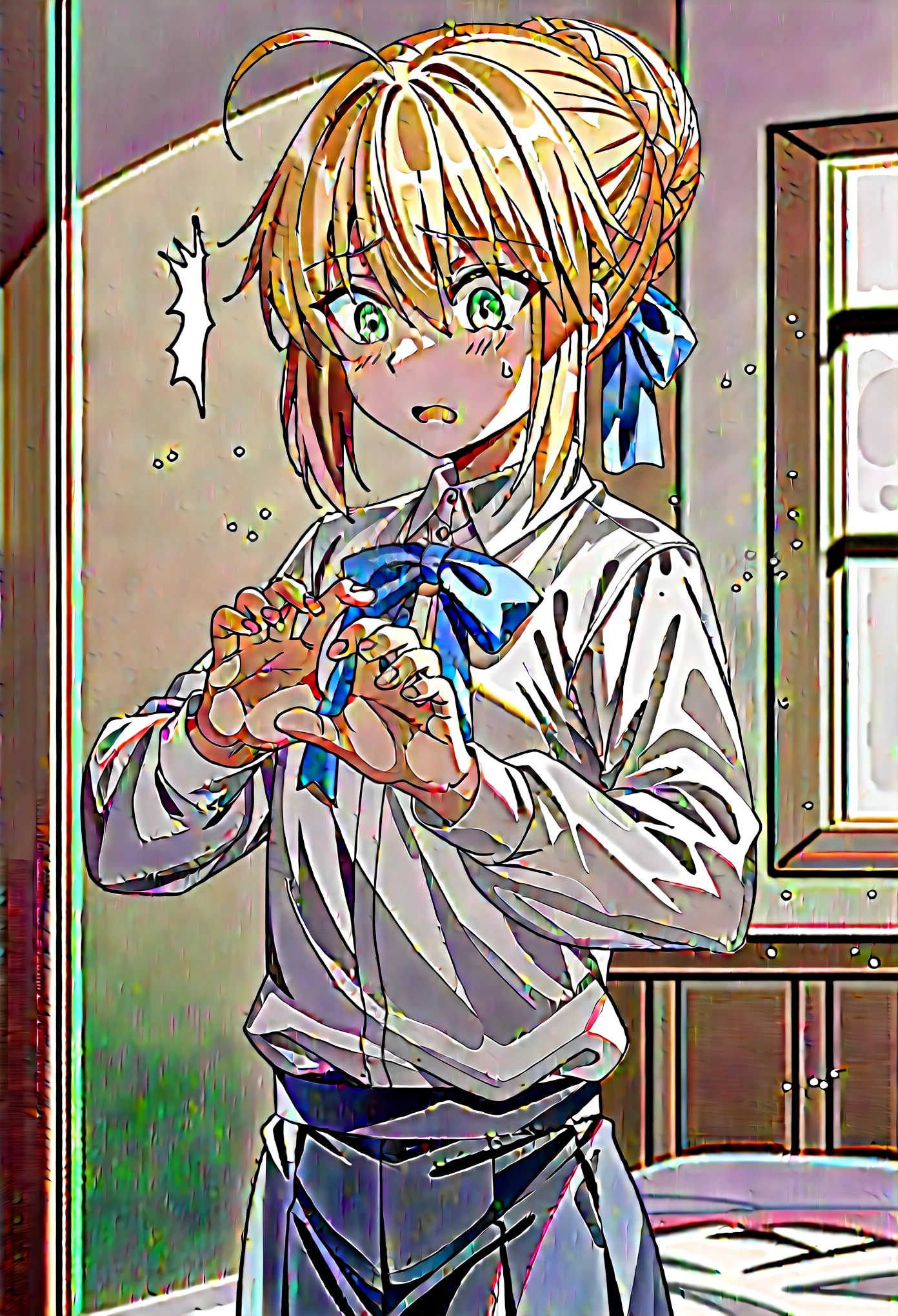 score_9,score_8_up,score_7_up, 1girl, solo, flat chest, character: artoria_pendragon_(fate), character: saber_(fate), green_eyes, hair_between_eyes, blonde_hair, short_hair, single_hair_bun, ahoge, braid, braided_bun, hair_bun, hair_ribbon, sidelocks, shirt, white_shirt, blue_ribbon, long_sleeves, ribbon, black pantyhoses, shocking, shocked face, stiff hands, standing, looking down, indoor, bedroom