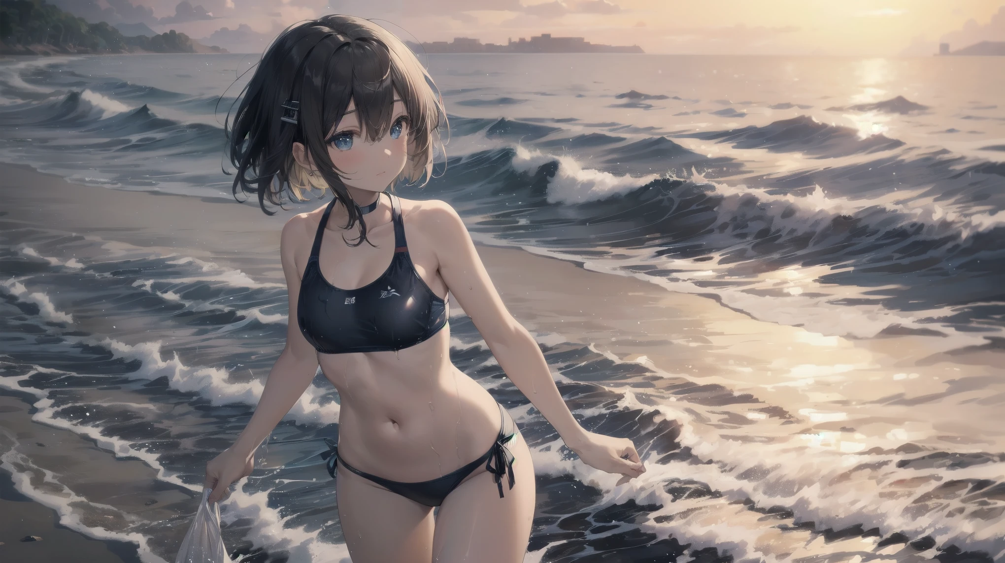 Highest quality, Anime Moe Art Style,Best Anime 8K Konachan Wallpaper,pixiv Contest Winner,Perfect Anatomy, break,(Please draw a picture of a girl in a Swimwear walking on the beach.),break, One is an unlucky beautiful girl.,(alone,in addition,,:1.3),,Complete limbs, Full Finger, short hair, amount, (Hair on one eye:1.4),Small breasts, Small Ass, Beautiful attention to detail, Well-proportioned pupils,Between the legs, Wet, Glowing Skin, Cowboy Shot, Hair Clip, Swimwear, At the Beach.break,Very detailed,High resolution,Very detailed肌,
Optimal lighting with AI, shape,