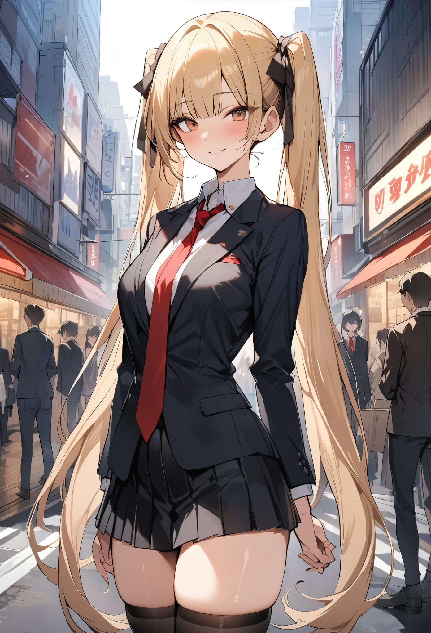 ((masterpiece,best quality anime,Highest quality:1.3)),cowboy shot,Mature Beauty,独奏,1woman,((very small head:1.3)),((ideal ratio body proportions:1.2)),blonde hair,high twin tails,straight long hair,bangs,gorgeous eyes,brown eyes,smile,(School uniform、Black blazer jacket、Red tie、Black pleated mini skirt),black_thighhighs,black hair ties,((slender body,skinny)),medium breasts,gleaming skin,shiny skin,standing,on street,Shibuya、Modern Tokyo、