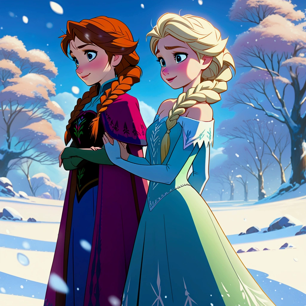 Anime film capture of Anna and Elsa from Frozen, standing in the snow. Style by Studio Ghibli. Style by Makoto Shinkai. 