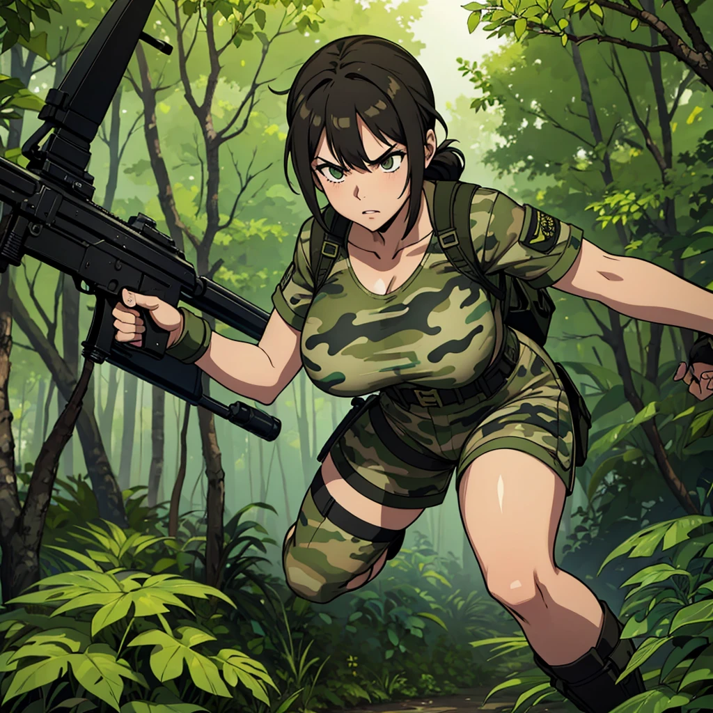 woman, tactical assault clothing, big breasts, camouflage shorts, serious expression, posing as a hunter, high definition, jungle background.