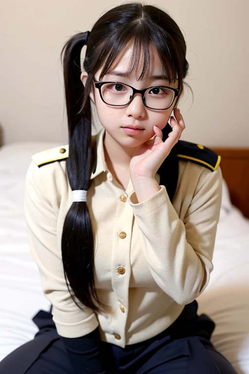 young girl, 14 years, in uniform, too fat, busty, pigtail hairstyle, glasses, sucking his finger, sitting on a bed, open legs