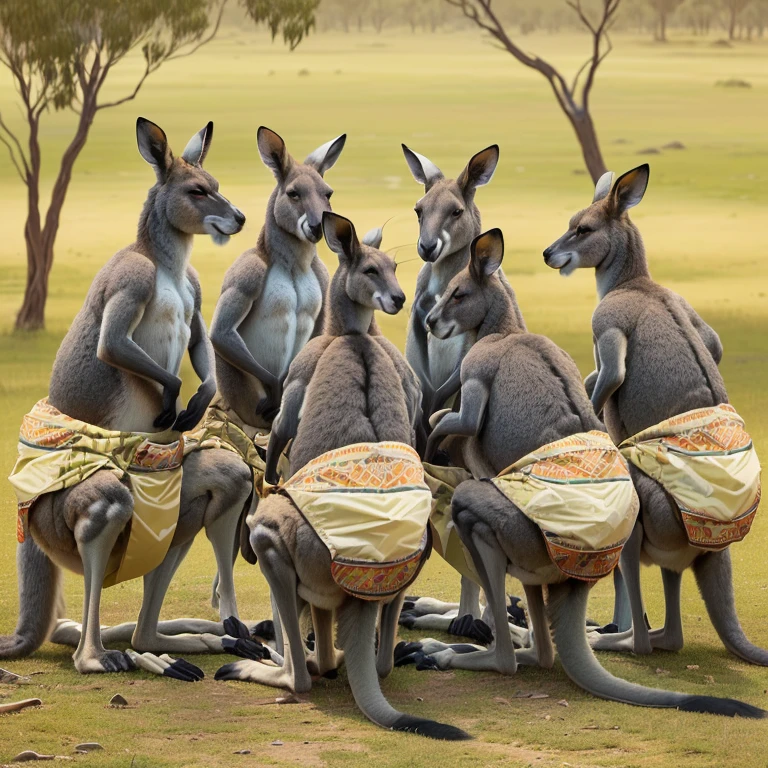 there are five kangaroos in a group with a cloth on their backs, kangaroos, australian, subject : kangaroo, subject: kangaroo, in australia, spy kangaroo, kangaroo, australia, on a hot australian day, trending ，, by Glen Angus, aussie, in the australian outback, a hyper realistic, artist interpretation, by Alexander Sharpe Ross, istock