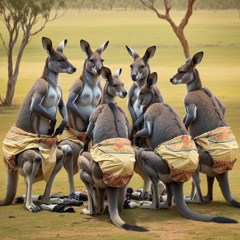 there are five kangaroos in a group with a cloth on their backs, kangaroos, australian, subject : kangaroo, subject: kangaroo, in australia, spy kangaroo, kangaroo, australia, on a hot australian day, trending ，, by Glen Angus, aussie, in the australian outback, a hyper realistic, artist interpretation, by Alexander Sharpe Ross, istock