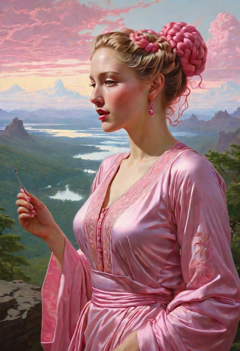 designed by frederic edwinchurch, landscape art, hdrerotic, slender, intricate details, intricate background running, she has high cheeks, she is dressed in a dull thobe that was forged bycola, it is sensual, pink hairstyle, earbuds, illustration, lustful
