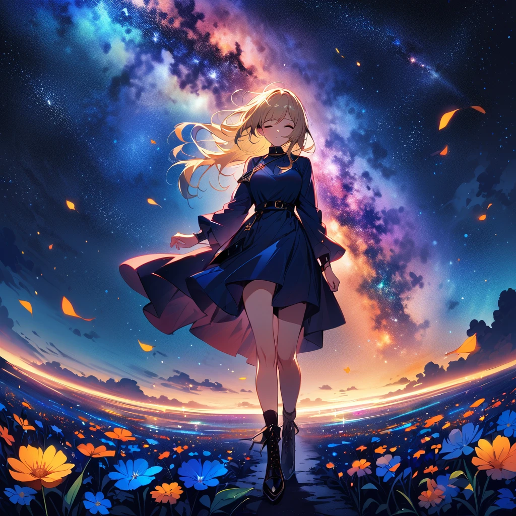 (Highest quality、masterpiece)、One Girl、Full Body Shot、stop temporarily、particle、Wind、flower、blonde、milky way、5ｍTake the lead、