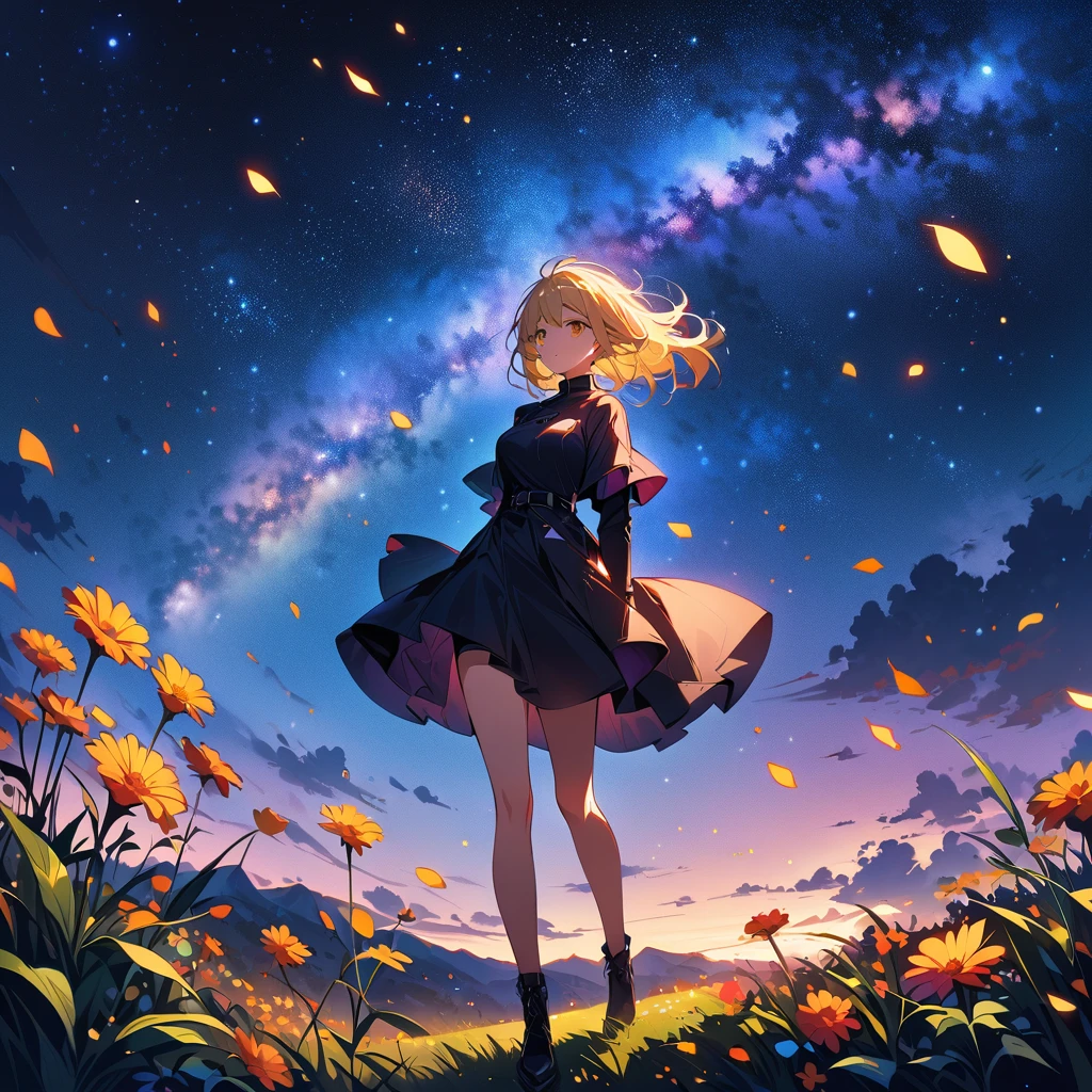 (Highest quality、masterpiece)、One Girl、Full Body Shot、stop temporarily、particle、Wind、flower、blonde、milky way、5mTake the lead、