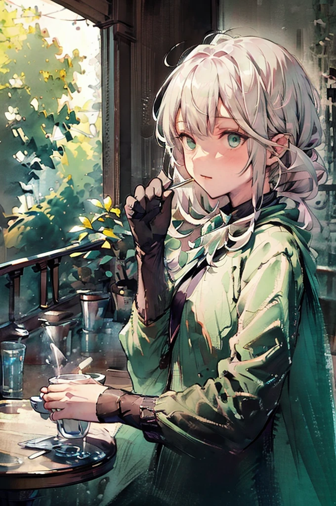 A beautiful girl with long (platinum blonde hairs and green eyes), wearing black gloves, (drinking coffee in a cafe) while (looking out from the window watching falling snow). Intricate details,