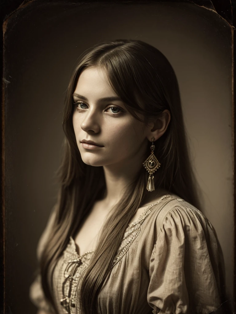19th century portrait of a mysterious woman, around 32 years old, long blonde and straight hair. The image should be in a sepia tone with chiaroscuro lighting that highlights details without making the image too dark. The woman must have an enigmatic expression, with an intense look and young features. She is dressed in a dress and with earrings. The portrait should capture just the head and shoulders, daguerreotype style, with a shallow depth of field and a vintage photo border to mimic old photographs. The overall atmosphere should be dark but balanced to ensure the image remains sharp and suitable for printing, avoiding excessive darkness and maintaining visual quality.