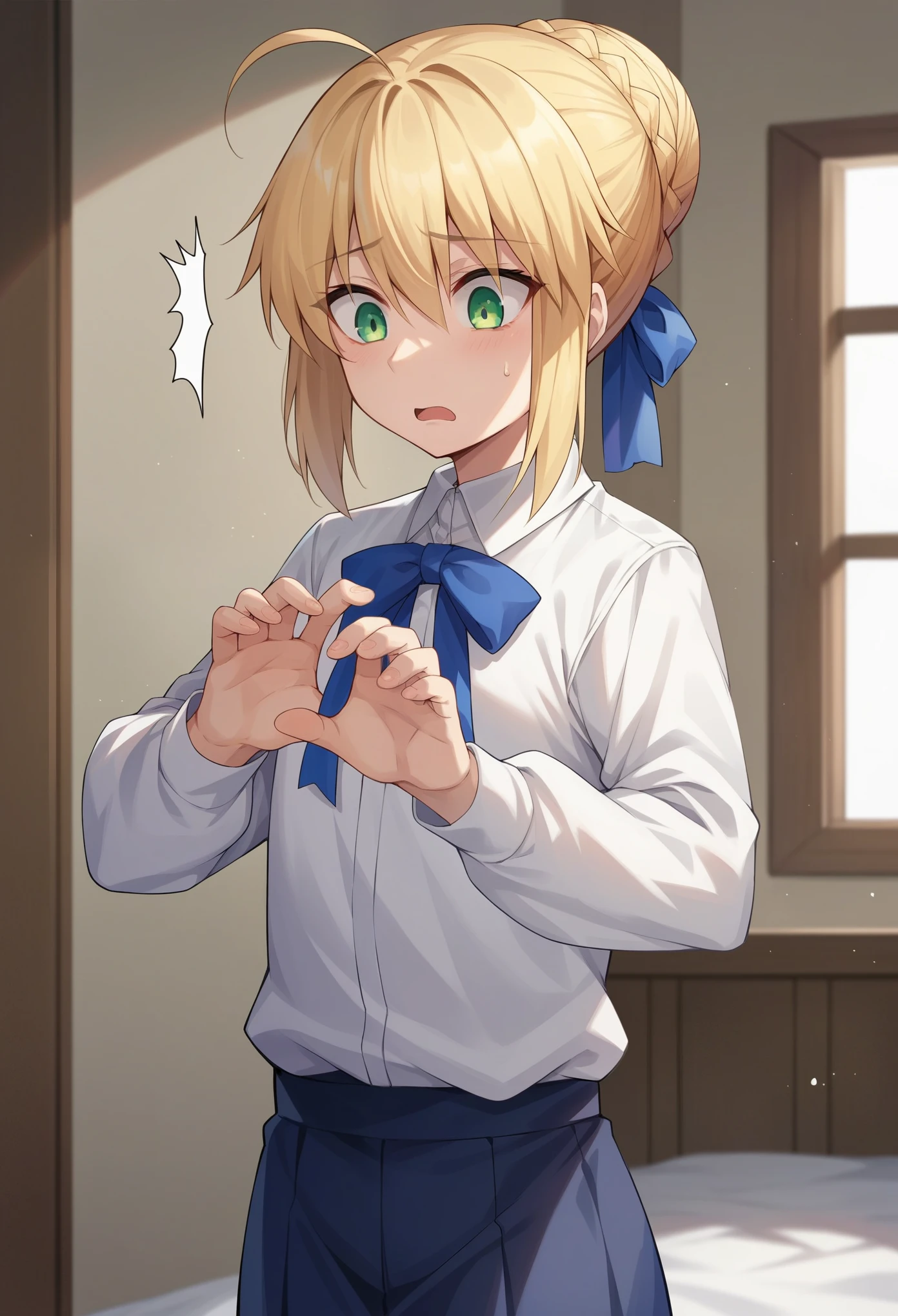 score_9,score_8_up,score_7_up, 1girl, solo, flat chest, character: artoria_pendragon_(fate), character: saber_(fate), green_eyes, hair_between_eyes, blonde_hair, short_hair, single_hair_bun, ahoge, braid, braided_bun, hair_bun, hair_ribbon, sidelocks, shirt, white_shirt, blue_ribbon, long_sleeves, ribbon, black pantyhoses, shocking, shocked face, stiff hands, standing, looking down, indoor, bedroom