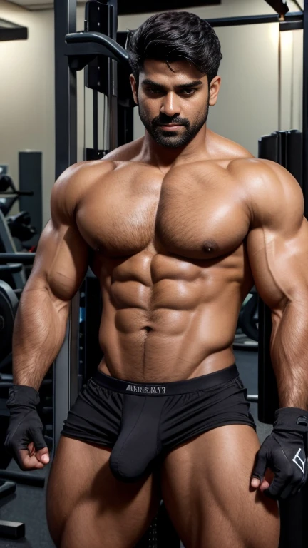2 person one 40 years old indian jaat and one 18 years old boy doing body play in photo, 40 years old Desi mascular dark skin jaat with huge wide muscular shoulders, wide chest, abs, masculine wide triceps, arms, biceps, big masculine legs, wide thighs, calfs, black-haired, hair falls on your face, Mesmerizing brown eyes, andrew christian underwear, gloves in hand, he grab boy from behind , , in gym, exotic, seduction