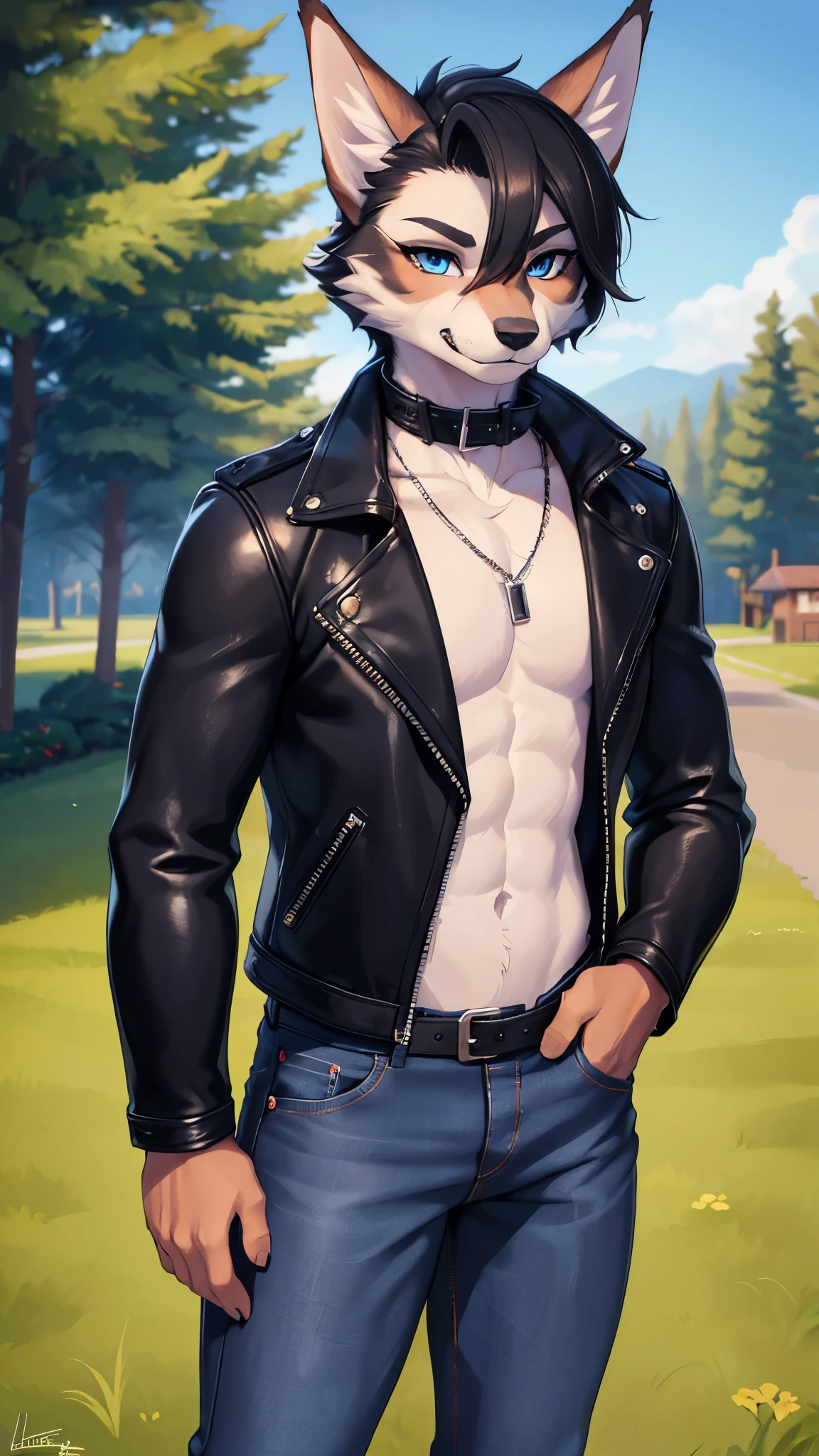 Sexy posting, 1Male, 30 years old, cute, eyeliner, lip biting smile, black leather jacket, anthro, wolf ears, Timberwolf, grassy front yard background, 8k, hi res, (best quality, masterpiece), detailed fur, red collar, blue jeans, blue eyes, standing, seductive. (No hair on head)