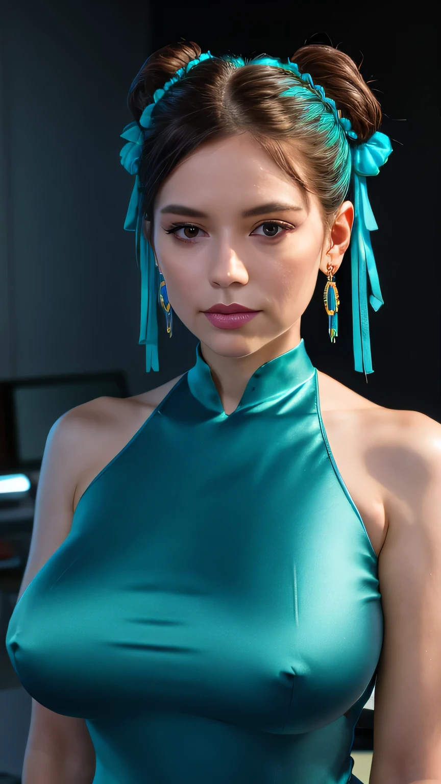 (ultra realistic,32k, masterpiece:1.2),(high detailed skin:1.1),( 8k uhd, dslr, high quality:1.1), pneumadef,turquoise hair, ponytail, tiara,(turquoise eyes:0.9) earrings, chest jewel, armor, gloves, , huge breast, (looking at viewer, portrait:1.1),, ,(radiant:1.1), neural network hub, neural interface research facilities, brain-computer interfaces, mind uploading experiments