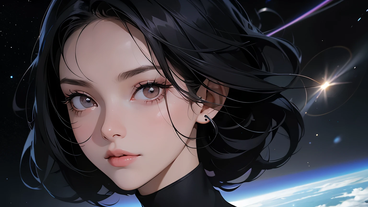 A beautiful woman. Black hair. Twenty-five years old. She is wearing a black business suit. She is looking at the camera with a serious expression. An image of a wormhole leading to outer space and multiple dimensions in the space behind her.
