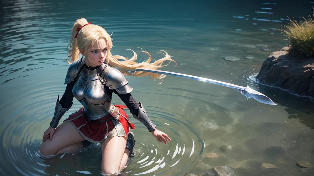 ultra high quality, a female knight is kneeling in shallow water, water ripples around her. She raises her arms and offers her sword in open hands, blonde hair tied to a ponytail wit a red ribbon, blue eyes