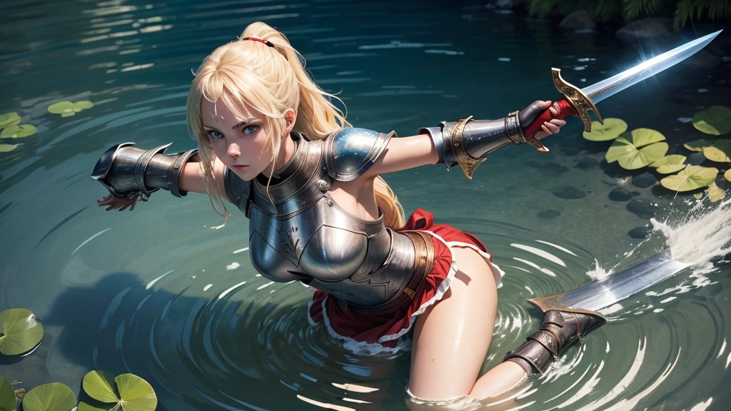 ultra high quality, a female knight is kneeling in shallow water, water ripples around her. She raises her arms and offers her sword in open hands, blonde hair tied to a ponytail wit a red ribbon, blue eyes