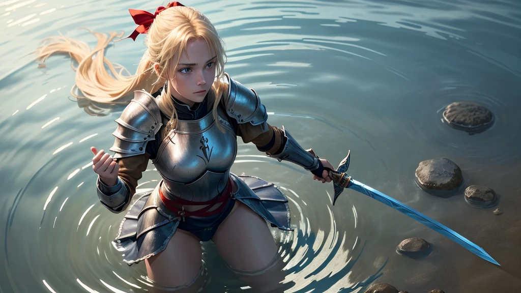 ultra high quality, a female knight is kneeling in shallow water, water ripples around her. She raises her arms and offers her sword in open hands, blonde hair tied to a ponytail wit a red ribbon, blue eyes