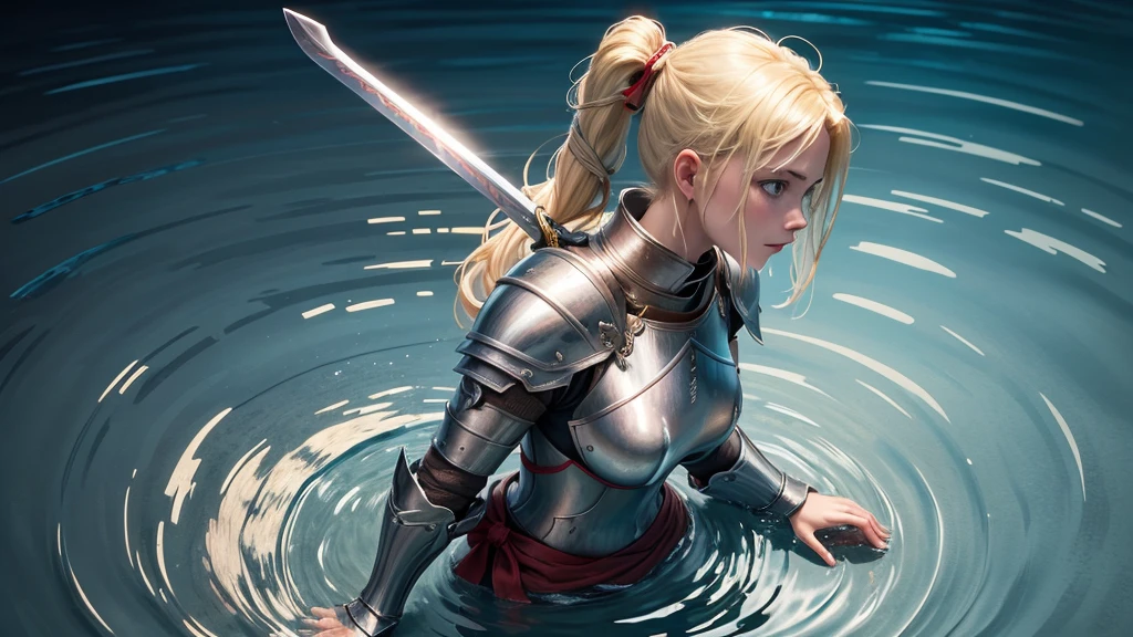 ultra high quality, a female knight is kneeling in shallow water, water ripples around her. She raises her arms and offers her sword in open hands, blonde hair tied to a ponytail wit a red ribbon, blue eyes