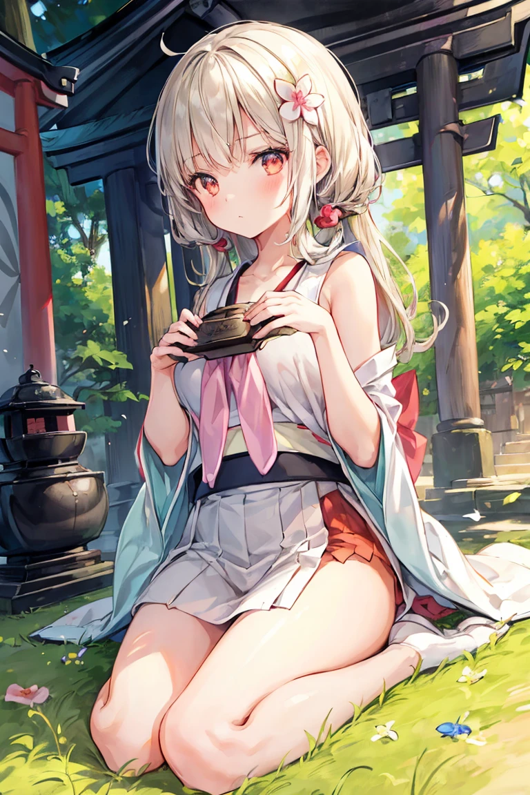 Beautiful illustration, best quality, cute girl, ((Outside a Japanese Shrine)), grass, pastel color, natural tones, black bangs, White tanktop, red running briefs, fierce, bright lighting, big eyes, ((Perfect hands))