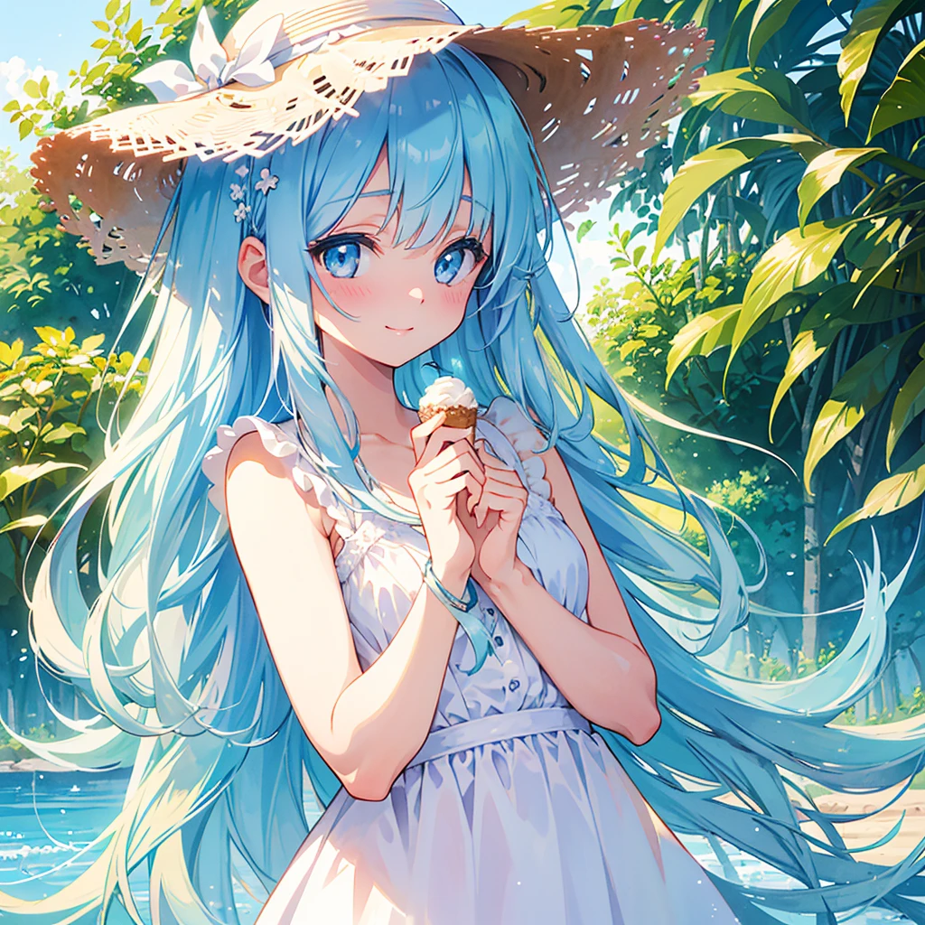 masterpiece, best quality, extremely detailed, (illustration, official art: 1.1), 1 girl, (((light blue long hair))), pale blue hair, long hair ((blush)), cute face, big eyes, masterpiece , best quality, (((a very delicate and beautiful girl))))), amazing, beautiful detailed eyes, blunt bangs (((little delicate girl))), tareme (true beautiful: 1.2), sense of depth, dynamic angle, ,, affectionate smile, (true beautiful: 1.2), (tiny 1girl model: 1.2),) flat chest, 1girl,,Girl eating ice cream on a hot day, straw hat, strong sunshine outside, anime style illustration, watercolor style
