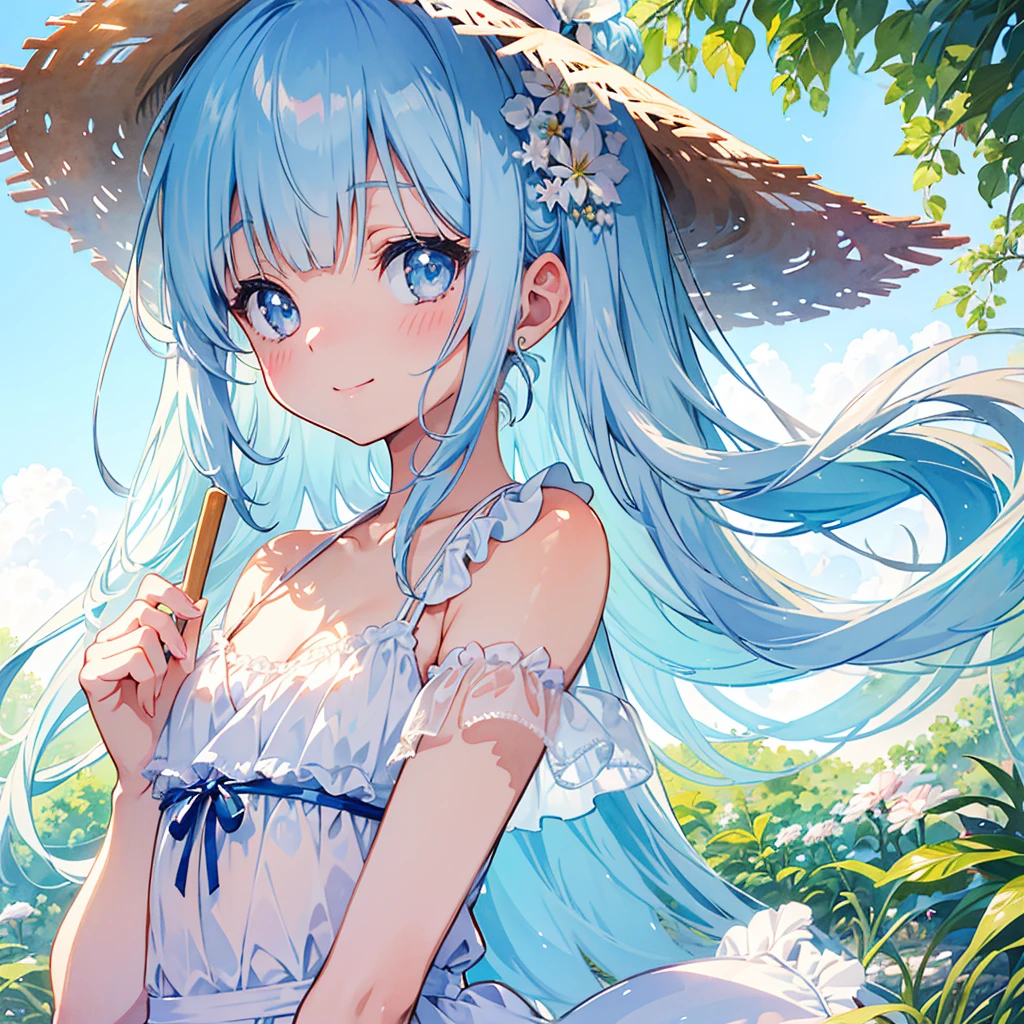 masterpiece, best quality, extremely detailed, (illustration, official art: 1.1), 1 girl, (((light blue long hair))), pale blue hair, long hair ((blush)), cute face, big eyes, masterpiece , best quality, (((a very delicate and beautiful girl))))), amazing, beautiful detailed eyes, blunt bangs (((little delicate girl))), tareme (true beautiful: 1.2), sense of depth, dynamic angle, ,, affectionate smile, (true beautiful: 1.2), (tiny 1girl model: 1.2),) flat chest, 1girl,,Girl eating ice cream on a hot day, straw hat, strong sunshine outside, anime style illustration, watercolor style