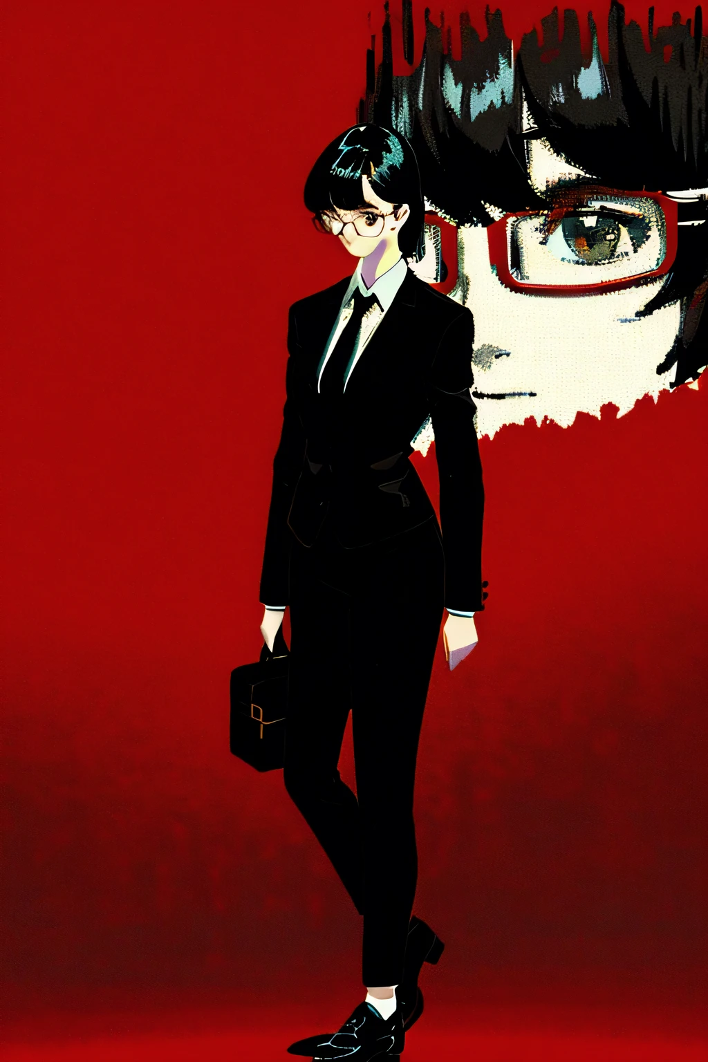 a 1girl, full body, very detail, a lot of details, very extremely beautiful, ((masterpiece, minimalism)), (short black hair), black necktie, (red shirt), Dark colors, looks into space, ((glasses)), ((impressionism)), черные брюки