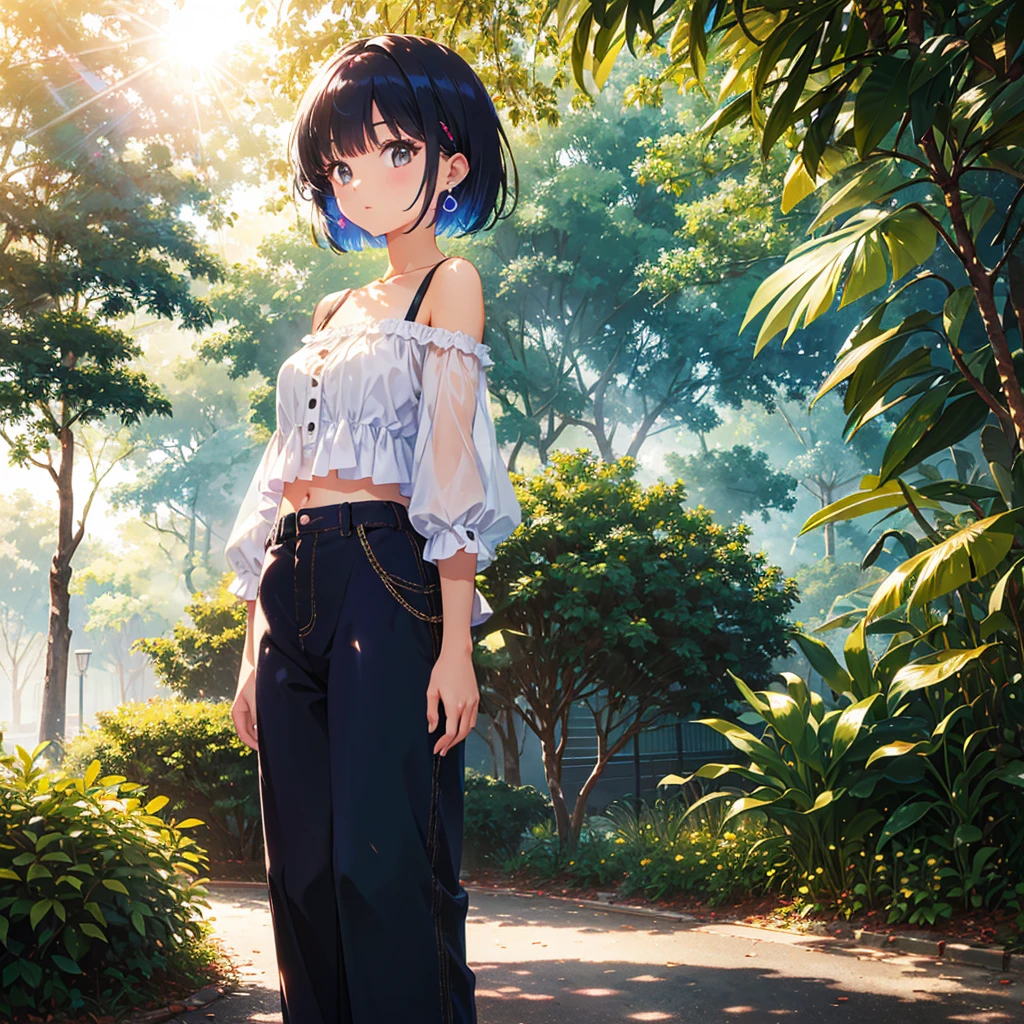 1girl, casual fashion, off shoulder, puff sleeve short blouse, long pants, short hair, 20 years old, earrings, in the park, colorful hair, navel, dazzling sunlight, collarbone,