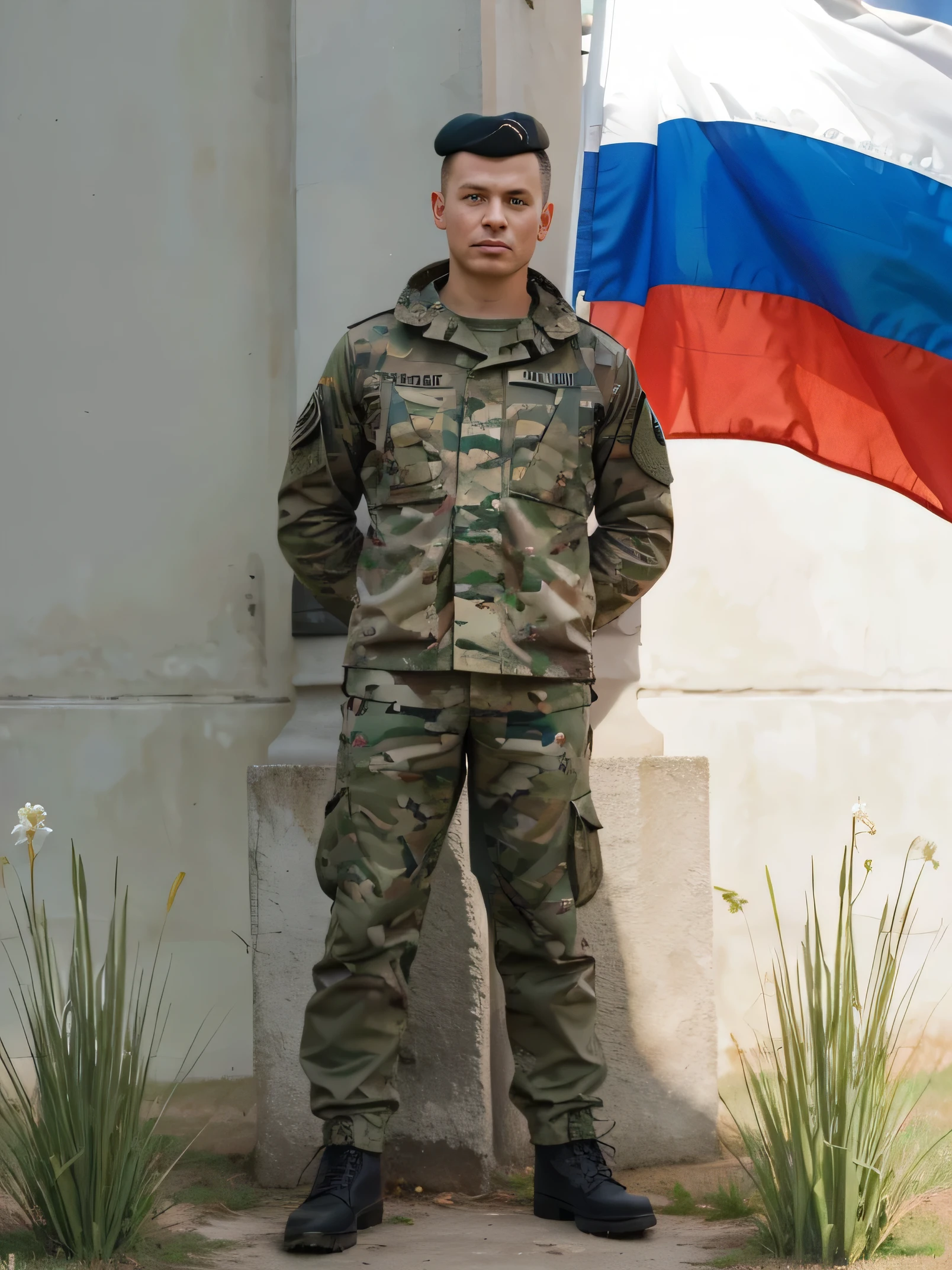 a man in a military uniform on the background of a green field and the flag of Russia. Realistic photo