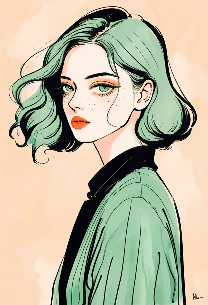 Illustration of lady, in style of Digital Illustration, Trending on artstration,Solitary , Digital drawing, Portrait of Loepfe,  Fine Hair, Black Lines，Illustration style, Digital Illustration, Color Sketch, watercolor Illustration style,