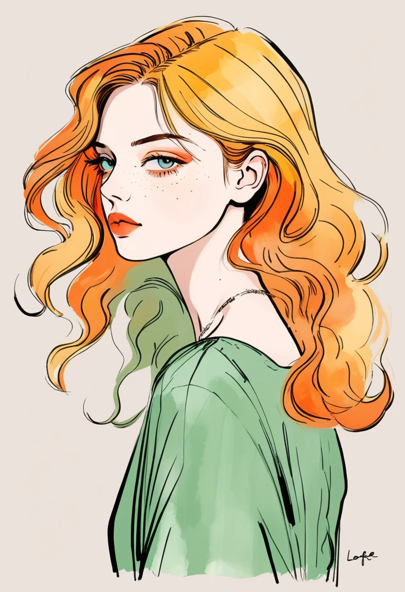 Illustration of lady, in style of Digital Illustration, Trending on artstration,Solitary , Digital drawing, Portrait of Loepfe, Fine Hair, Black Lines,Illustration style, Digital Illustration, Color Sketch, watercolor Illustration style,