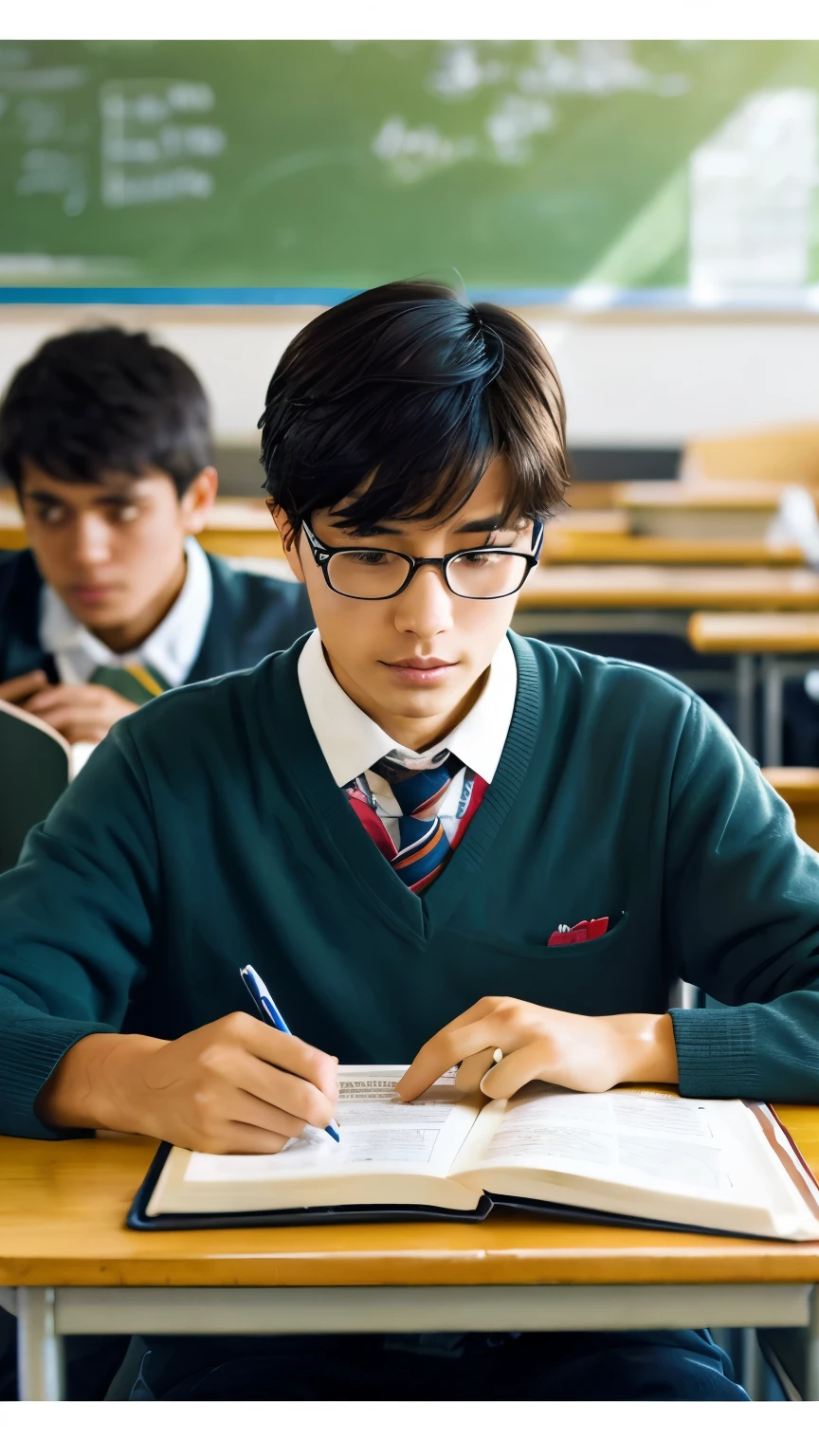 Illustration of a male Budi sitting in class, focused on his textbook, with classmates who are busy with themselves."