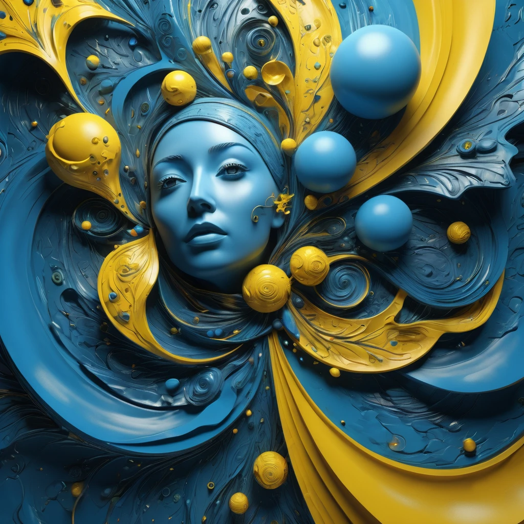 fear and uncertainty, artistically arranged elements, high relief textured, mostly blue tones and yellow details, photoRealismo, 8k, 4D