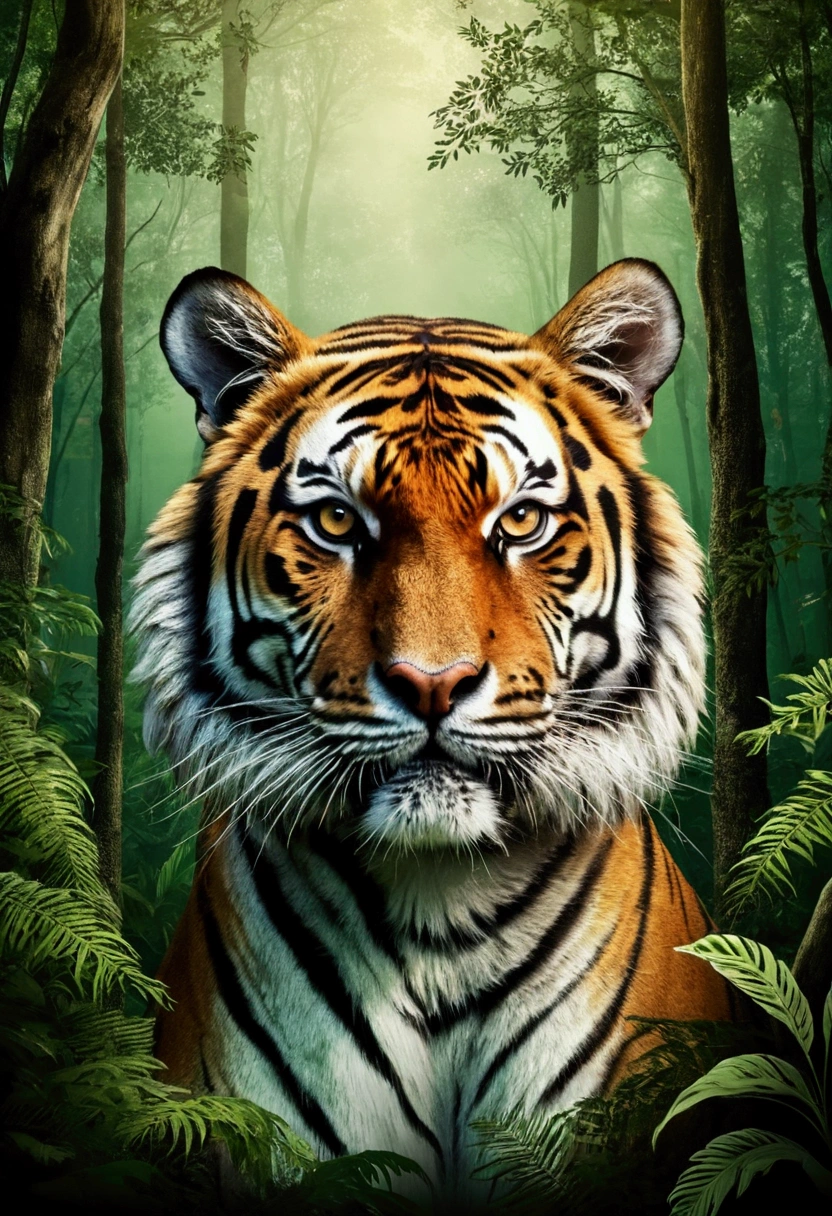 Create a design in which it should have a tiger head having realistic forest background. Afterwards use that design on T-shirt and show