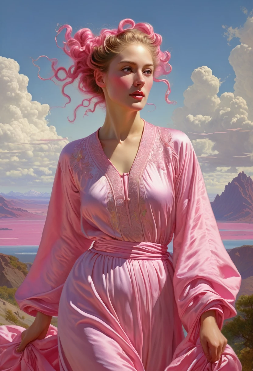 designed by frederic edwinchurch, landscape art, hdrerotic, slender, intricate details, intricate background running, she has high cheeks, she is dressed in a dull thobe that was forged bycola, it is sensual, pink hairstyle, earbuds, illustration, lustful