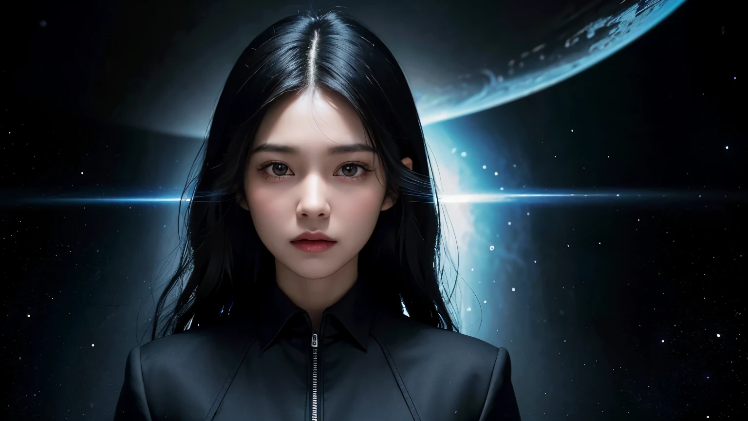 A beautiful woman. Black hair. Twenty-five years old. She is wearing a black business suit. She is looking at the camera with a serious expression. An image of a wormhole leading to outer space and multiple dimensions in the space behind her.