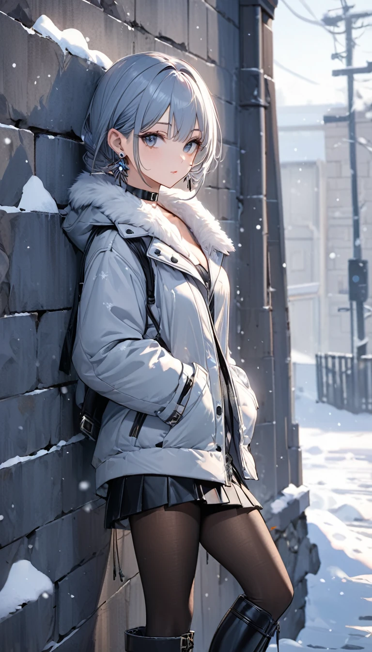 Highest quality, wonderful_delicate, beautiful, 8k, Jacket, Earrings, choker, concept,whole body,Leaning against a wall,Watch the viewer with a sideways glance,Ultra Mini Skirt,Black Pantyhose,Knee-high boots,winter,Snow is falling