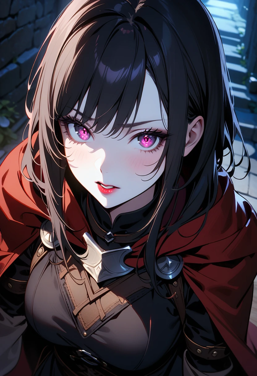 (full body portrait:1.1), 1girl, solo, (long black hair), detailed face, mischief expression, pale white skin, pink eyes, (detailed eyes), long eyelashes, black eye liner, red lipstick, black tunic, red cloak, long dress, leather glove, (chest armor), moonlight, hard lighting, blue light, cold light, (medieval theme), (masterpiece), super detailed, best quality, POV, dw01-3400