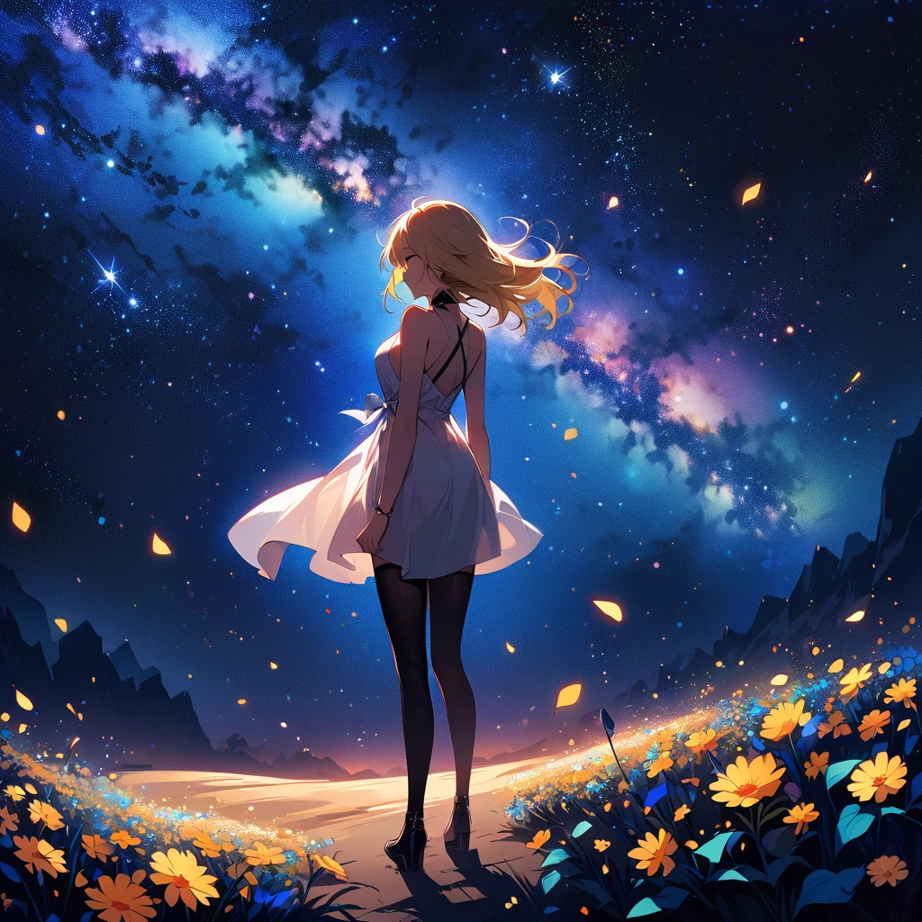 (Highest quality、masterpiece)、One Girl、Full Body Shot、Back view, stop temporarily、particle、Wind、flower、blonde、milky way、5ｍTake the lead、