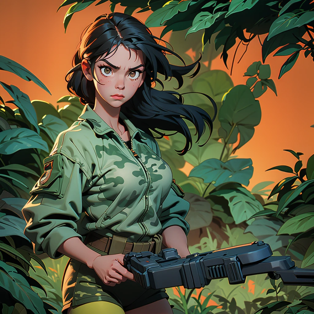 woman, tactical assault clothing, big breasts, camouflage shorts, wiping perspiration, deep neckline, serious expression, posing as a hunter, high definition, jungle background.