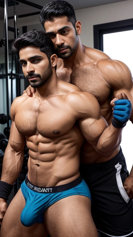 2 person one 40 years old indian jaat and one 18 years old boy doing body play in photo, 40 years old Desi mascular dark skin jaat with huge wide muscular shoulders, wide chest, abs, masculine wide triceps, arms, biceps, big masculine legs, wide thighs, calfs, black-haired, hair falls on your face, Mesmerizing brown eyes, andrew christian underwear, gloves in hand with he grab boy from behind , Cleavage, in gym, exotic, seduction, gay couple pornography 